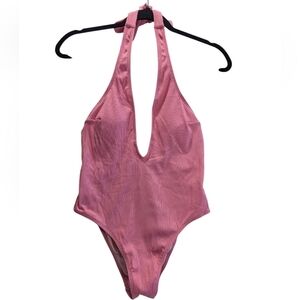 Ribbed Plunge Halter One-Piece Swimsuit - Pink